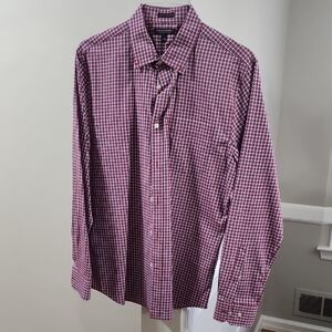 Banana Republic Men's Burgundy and White Checked Dress Shirt